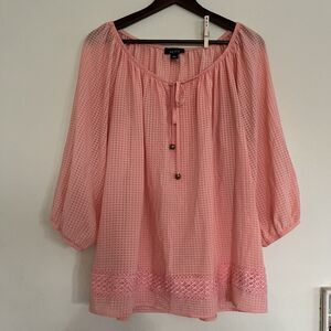 ALYX 3/4 Balloon Sleeve Split Tie V Neck Peasant Salmon Pink Top Blouse SZ 1X